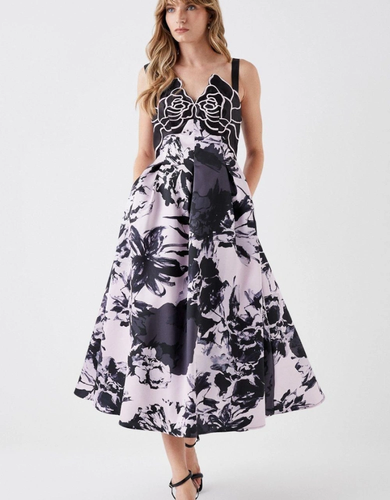 Printed Twill Midi Dress With Embroidered Flowers