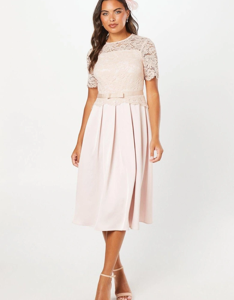 Lace And Crepe Full Skirted Midi Dress