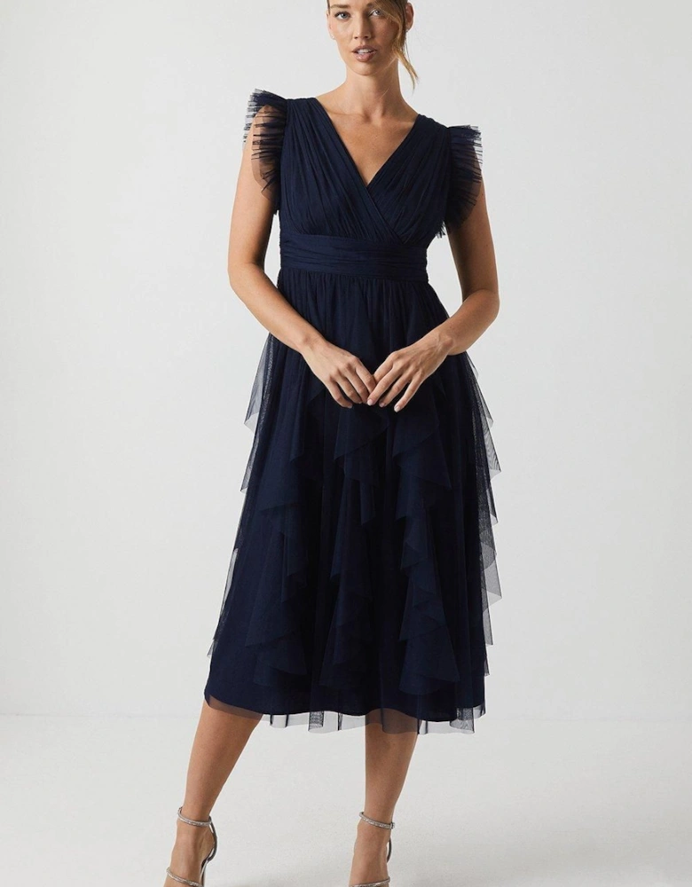 V Neck Ruffle Mesh Bridesmaid Midi Dress