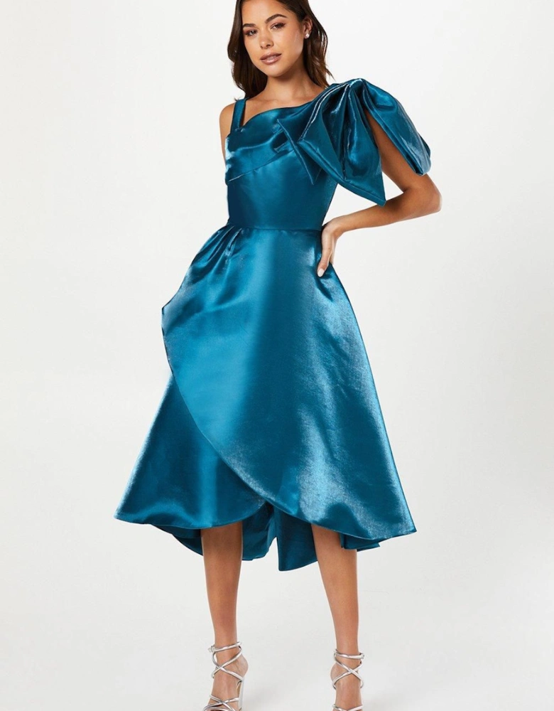 Glossy Twill Asymmetric Bow Shoulder Midi Dress