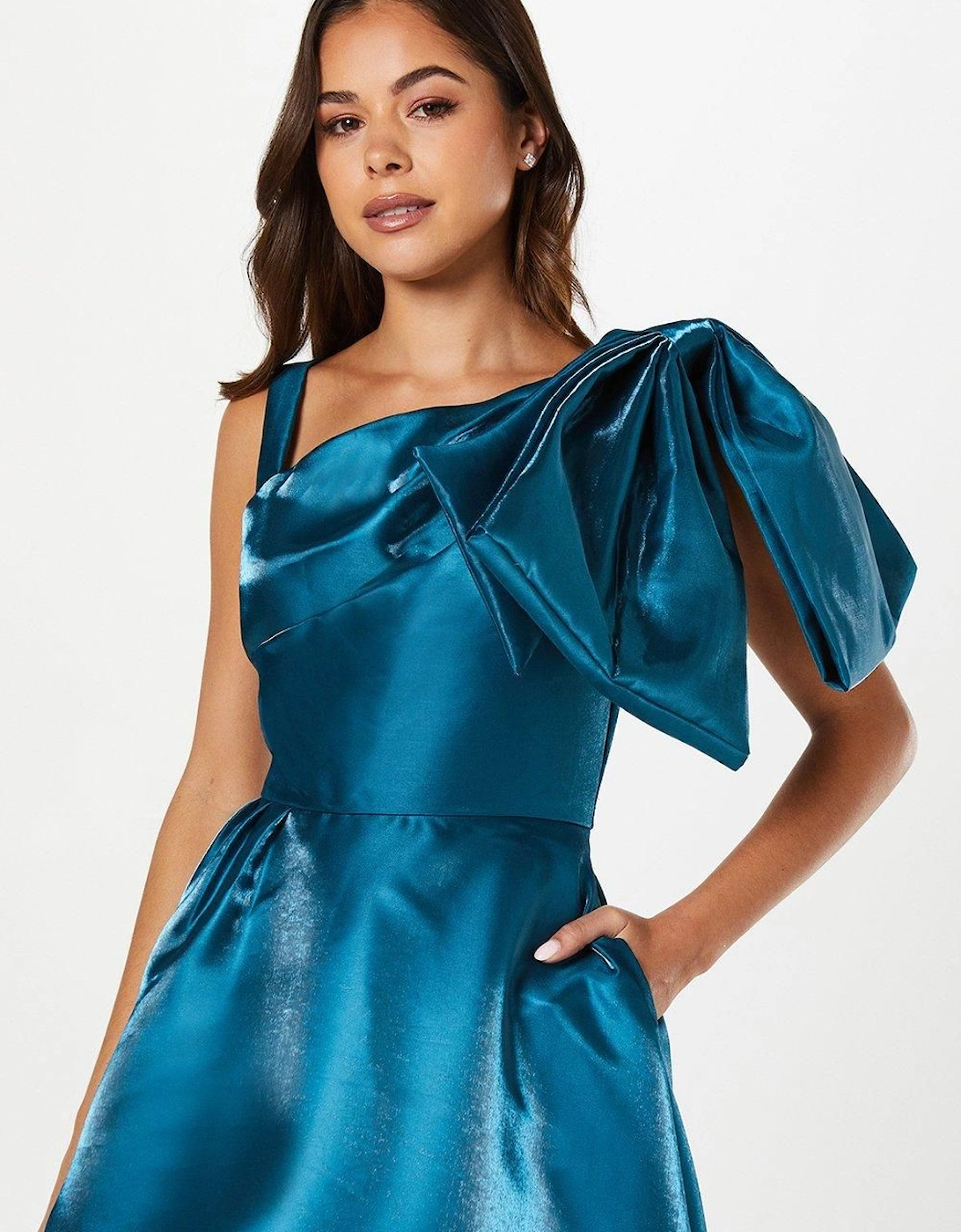 Glossy Twill Asymmetric Bow Shoulder Midi Dress