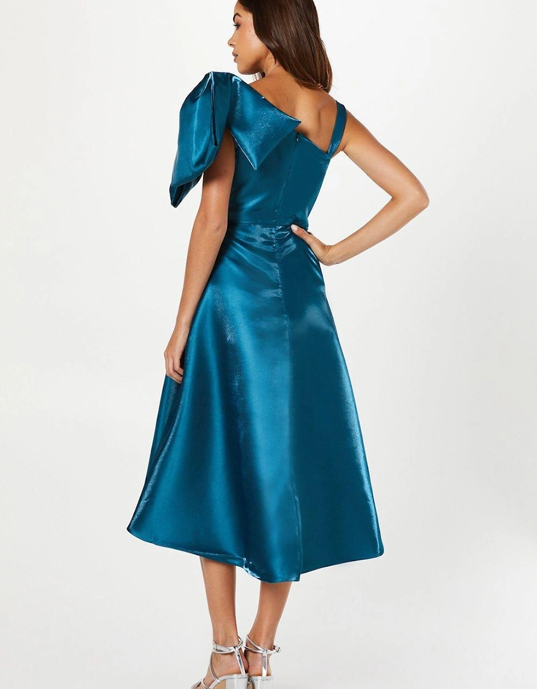 Glossy Twill Asymmetric Bow Shoulder Midi Dress