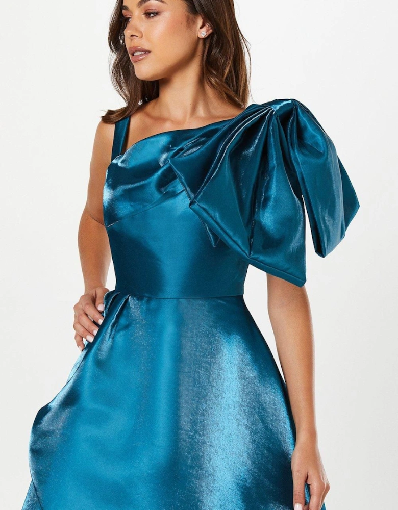 Glossy Twill Asymmetric Bow Shoulder Midi Dress