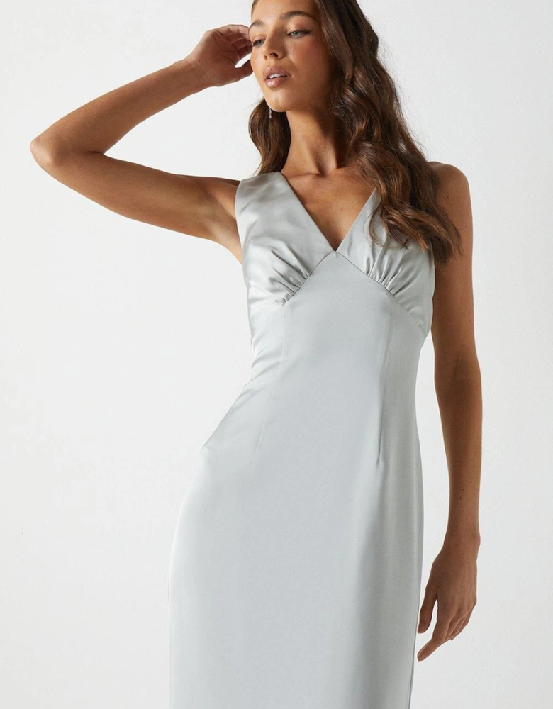 Bow Back V Neck Satin Bridesmaid Dress