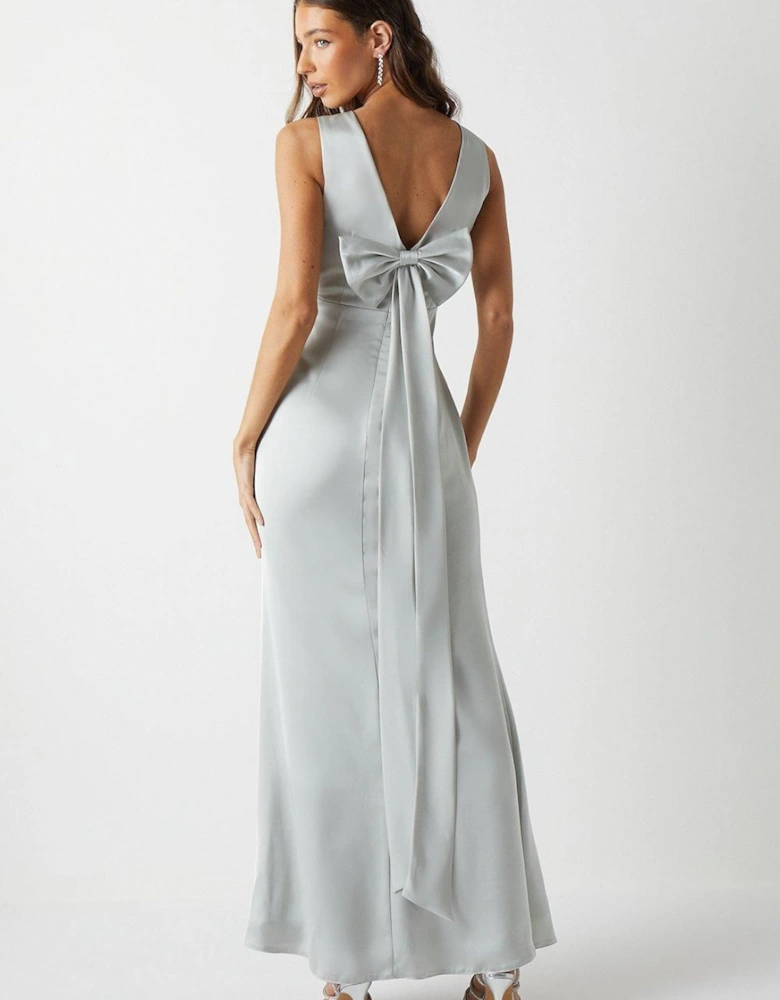 Bow Back V Neck Satin Bridesmaid Dress