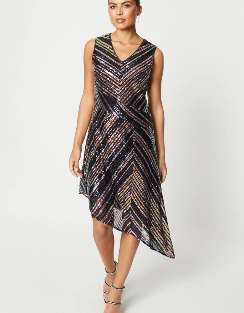 Petite Asymmetric Hem Sequin Midi Dress