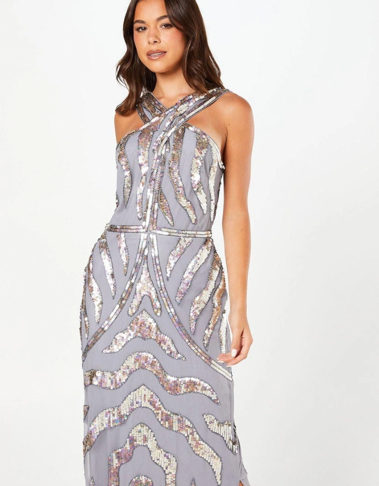 Party Sequin Abstract Midi Dress With Cross Neck