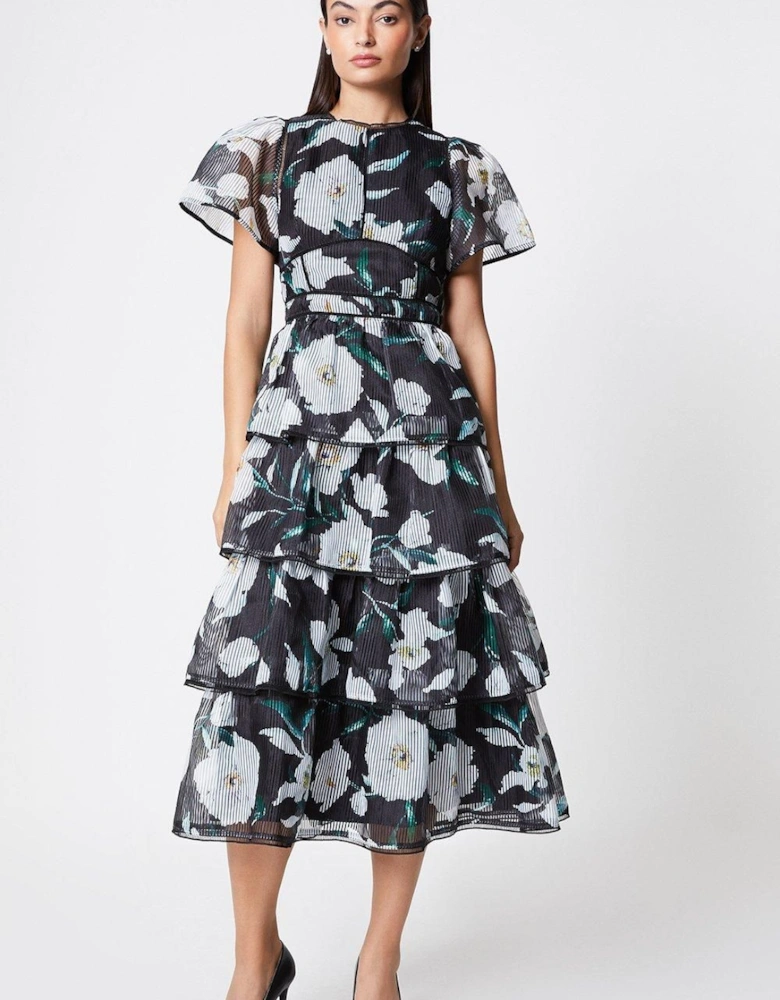 Stripe Organza Tiered Midi Dress