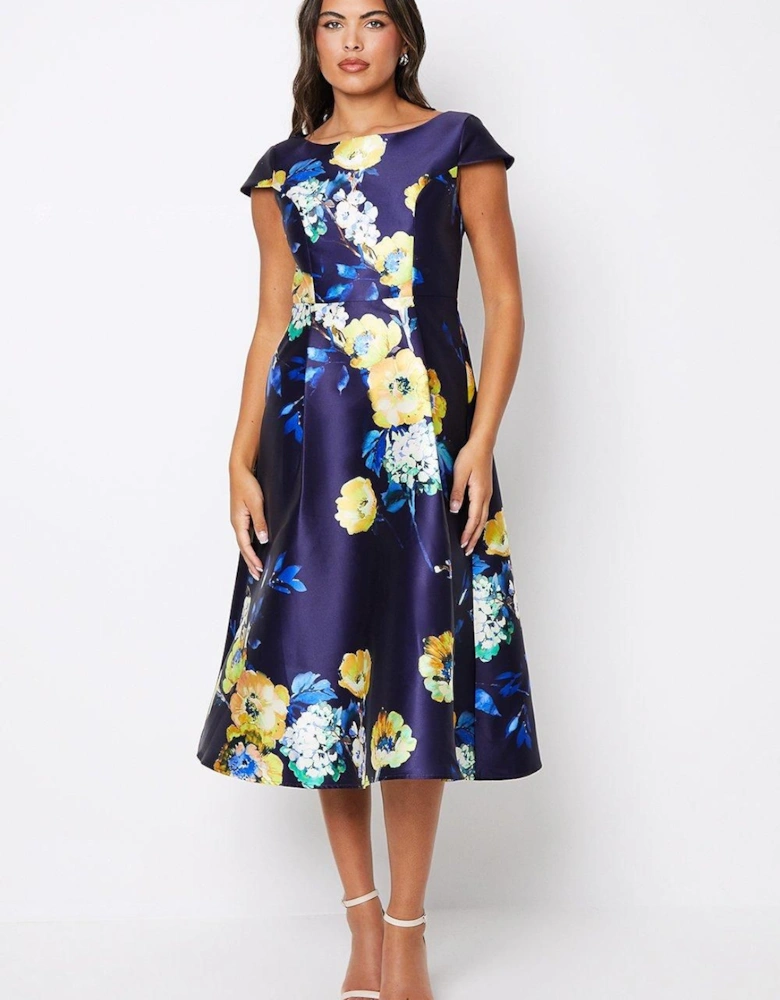 Printed Scoop Neck Cap Sleeve Twill Midi Dress