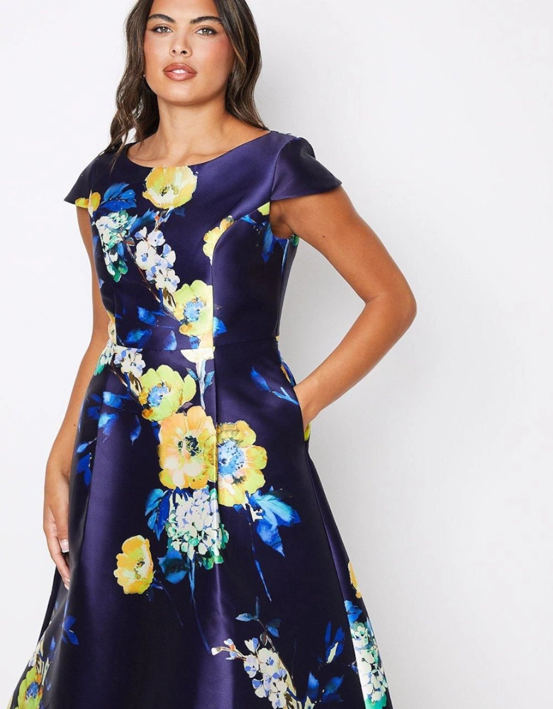 Printed Scoop Neck Cap Sleeve Twill Midi Dress