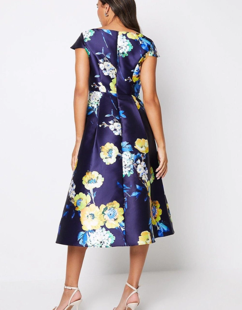 Printed Scoop Neck Cap Sleeve Twill Midi Dress