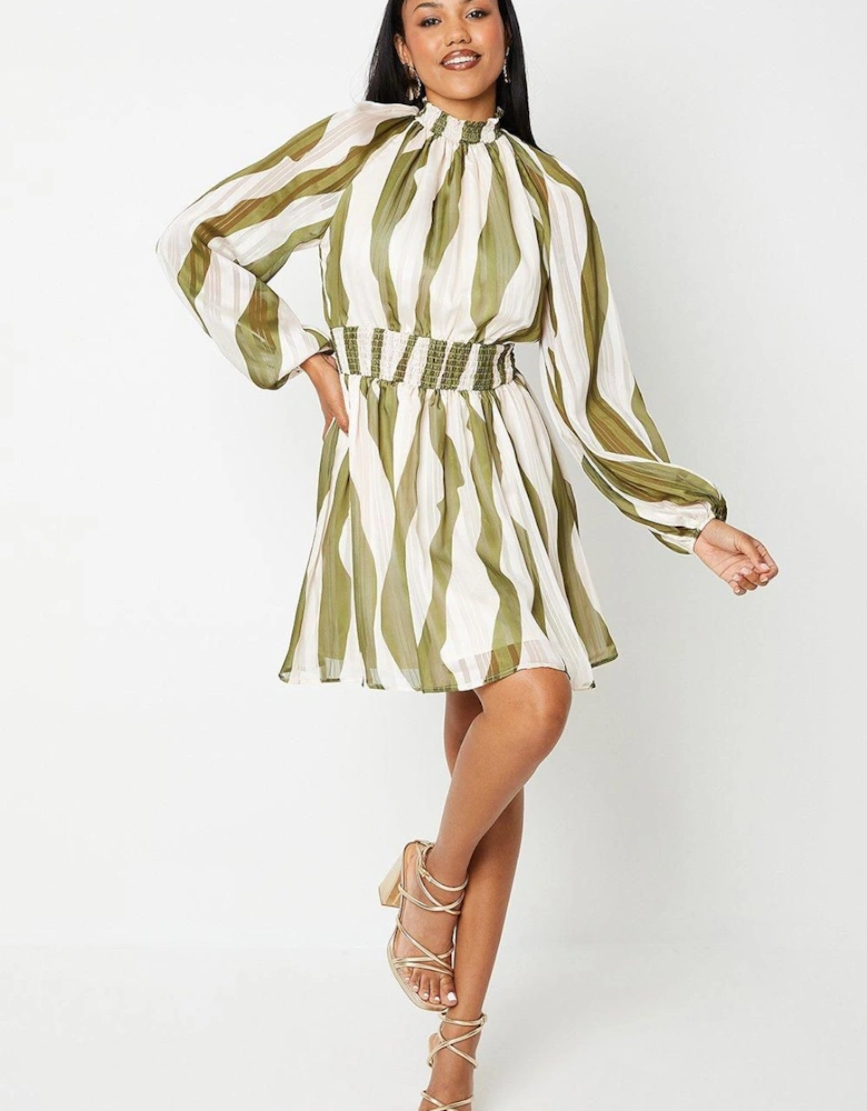 Printed High Neck Blouson Sleeve Mini Dress