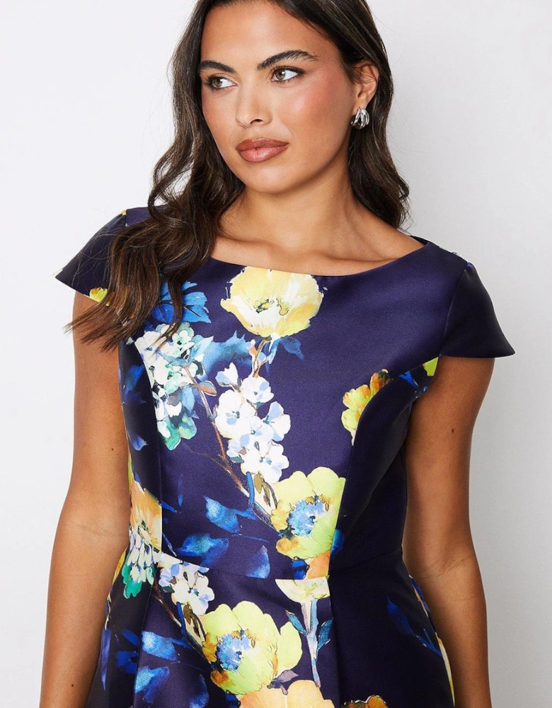 Printed Scoop Neck Cap Sleeve Twill Midi Dress