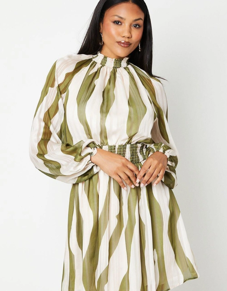 Printed High Neck Blouson Sleeve Mini Dress