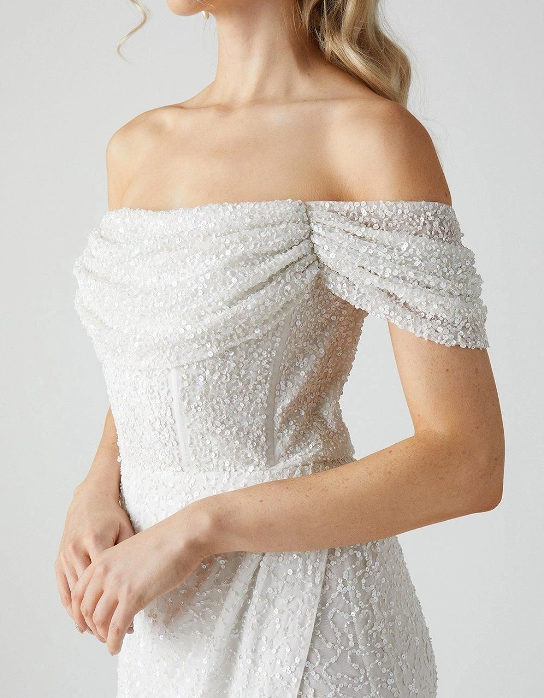 Sequin Bardot  Wrap Skirt Wedding Dress