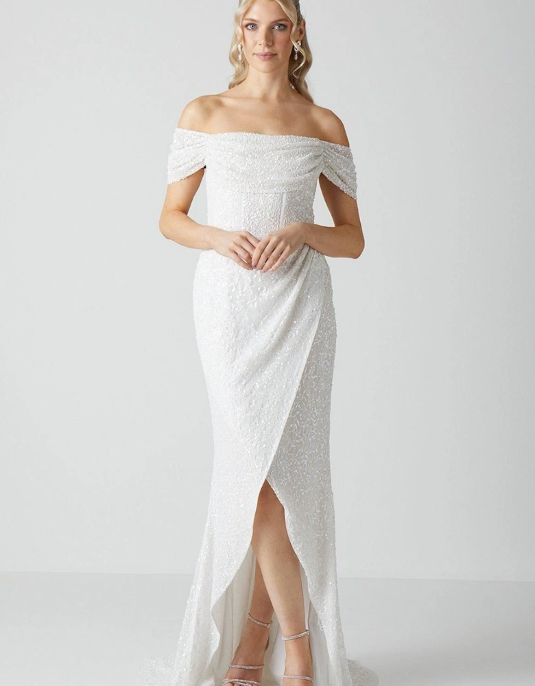 Sequin Bardot  Wrap Skirt Wedding Dress