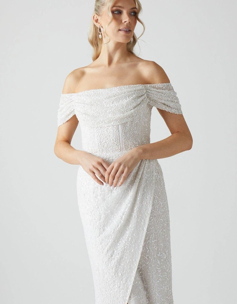 Sequin Bardot  Wrap Skirt Wedding Dress