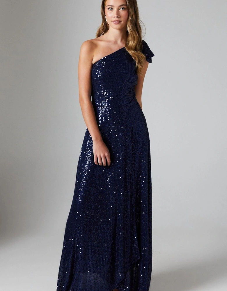 Teen Sequin Bow One Shoulder Maxi Bridesmaids Dress