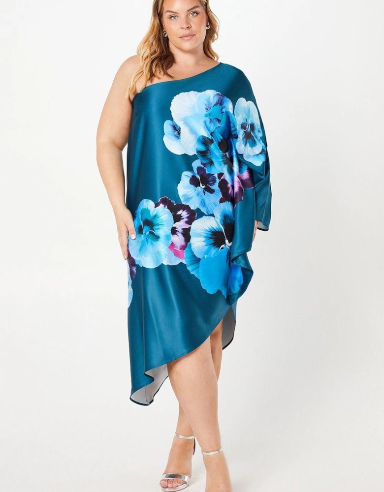 Plus One Shoulder Printed Satin Dress