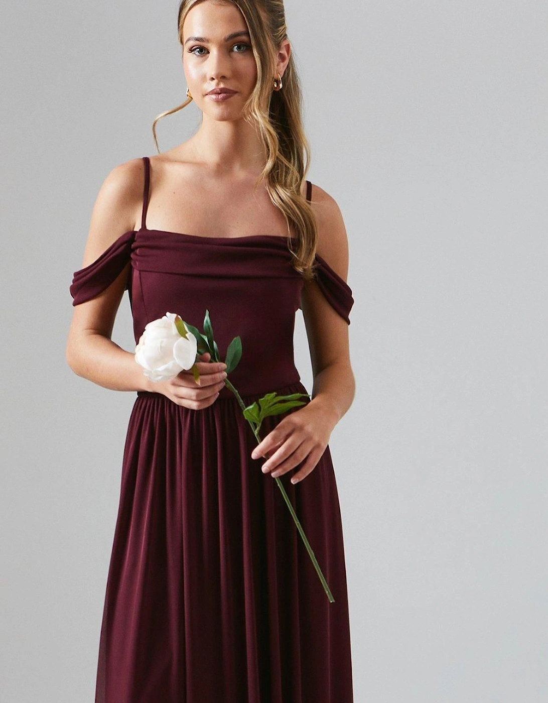 Teen Cold Shoulder Stretch Mesh Bridesmaid Dress