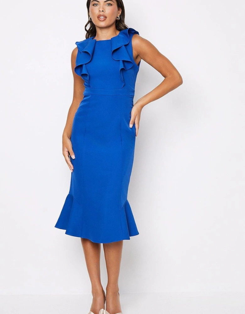 Frill Detail Crepe Flared Skirt Midi Dress