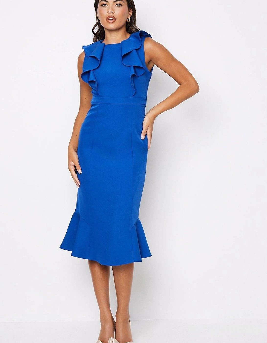 Frill Detail Crepe Flared Skirt Midi Dress, 6 of 5