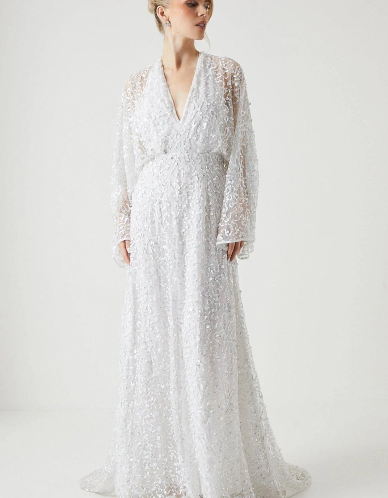 Sequin Embellished Long Sleeve Kimono Wedding Dress