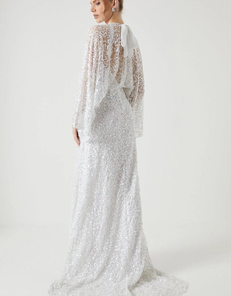 Sequin Embellished Long Sleeve Kimono Wedding Dress