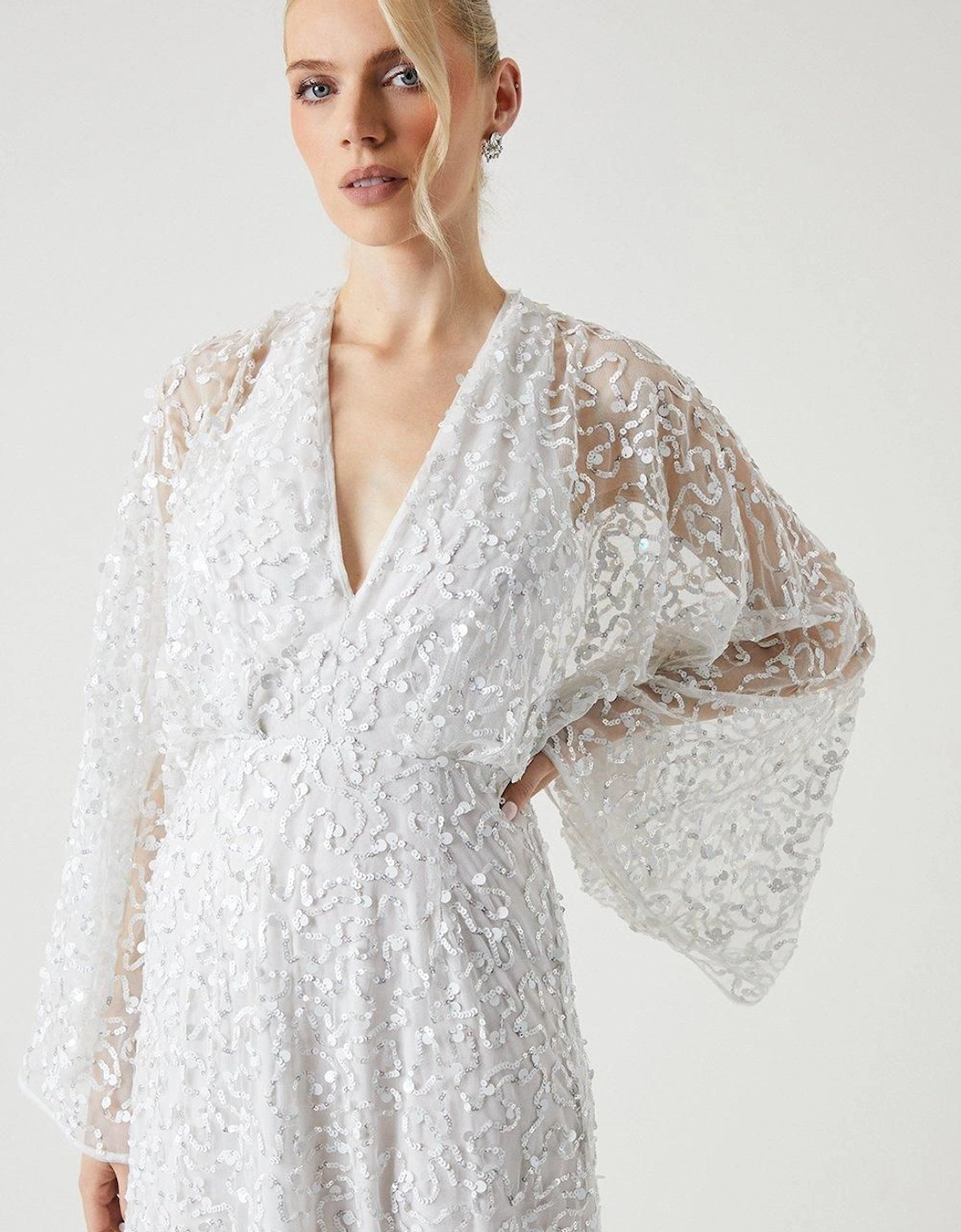 Sequin Embellished Long Sleeve Kimono Wedding Dress