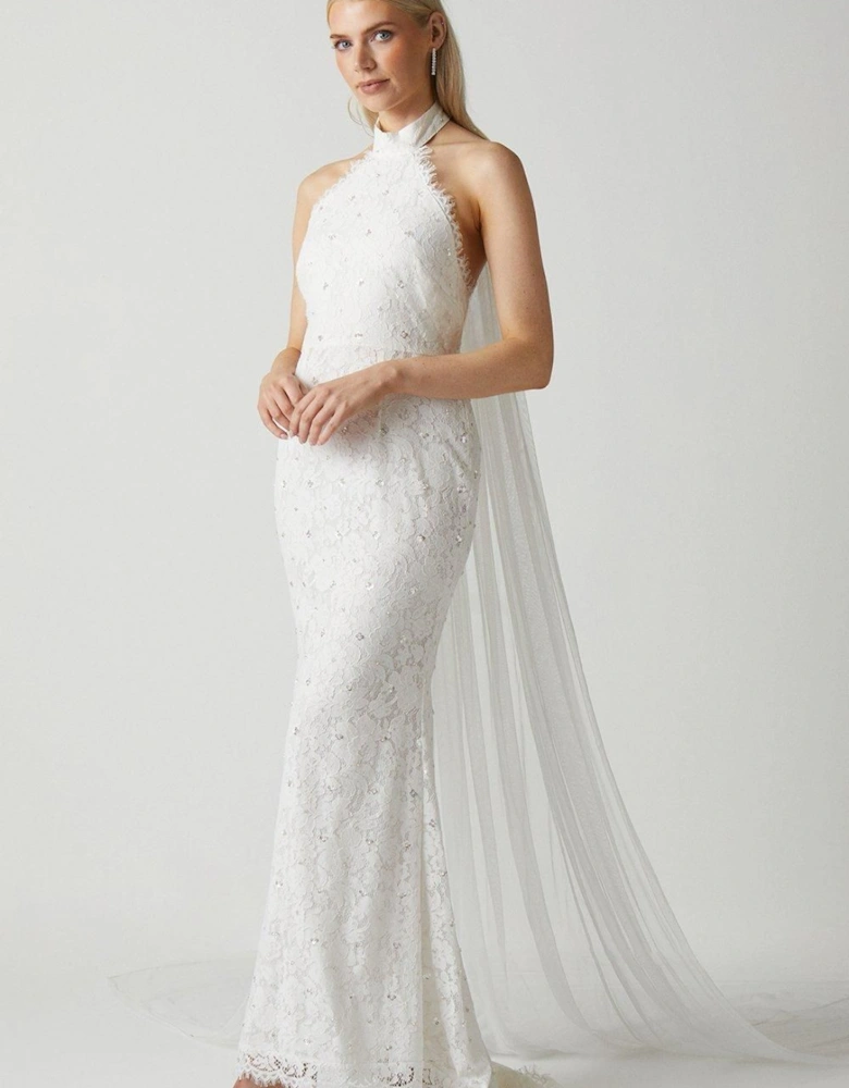 High Neck Embellished Lace Wedding Dress