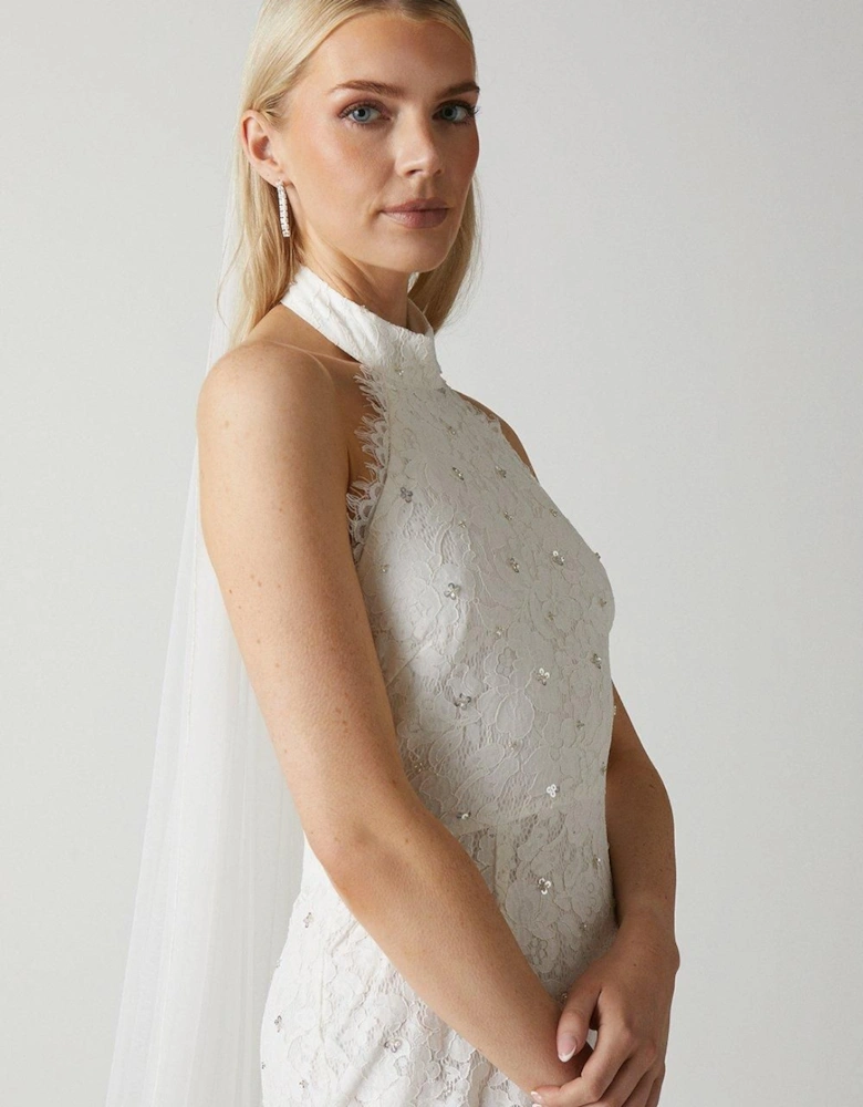 High Neck Embellished Lace Wedding Dress