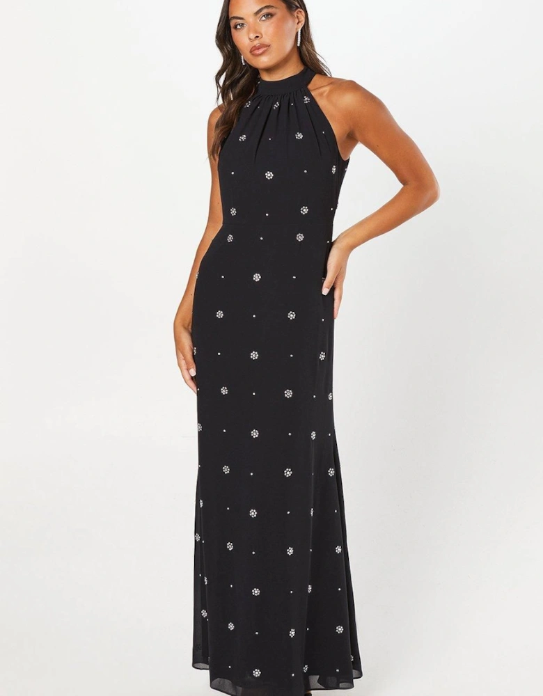 Halterneck Georgette With Embellished Crystals Maxi Dress