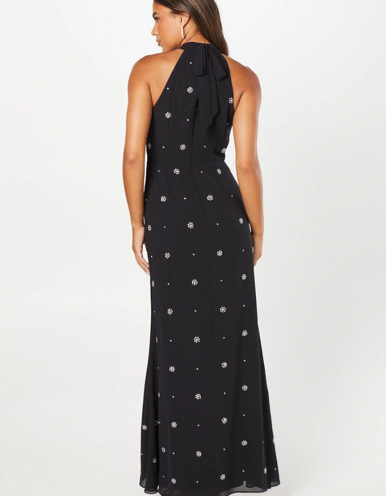 Halterneck Georgette With Embellished Crystals Maxi Dress