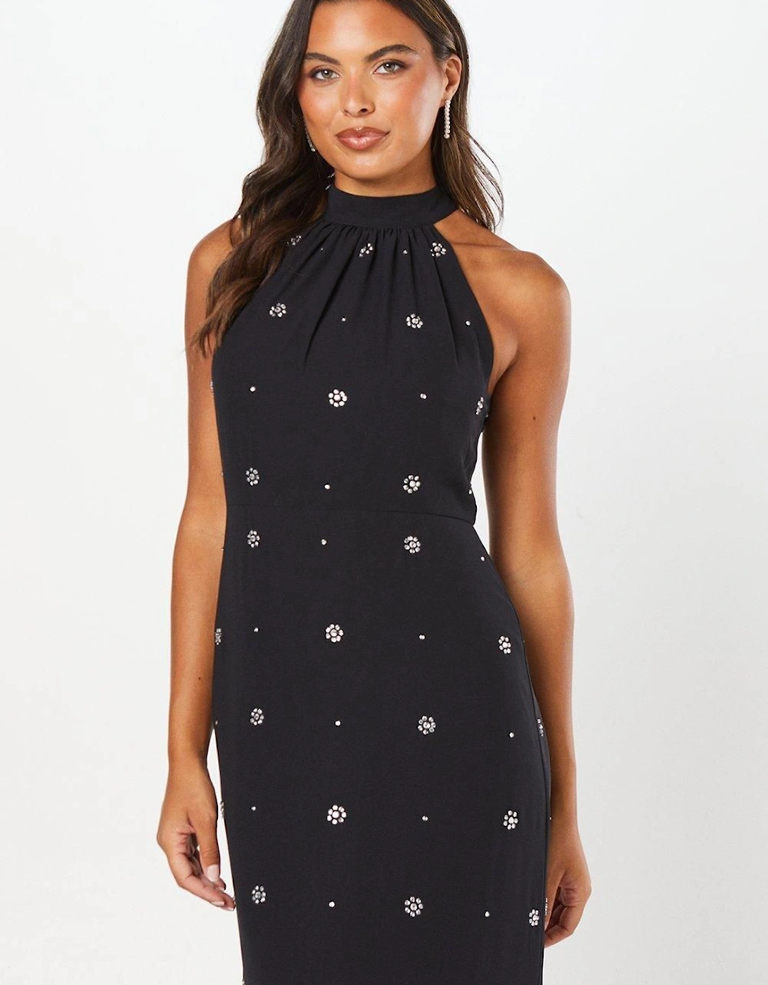 Halterneck Georgette With Embellished Crystals Maxi Dress