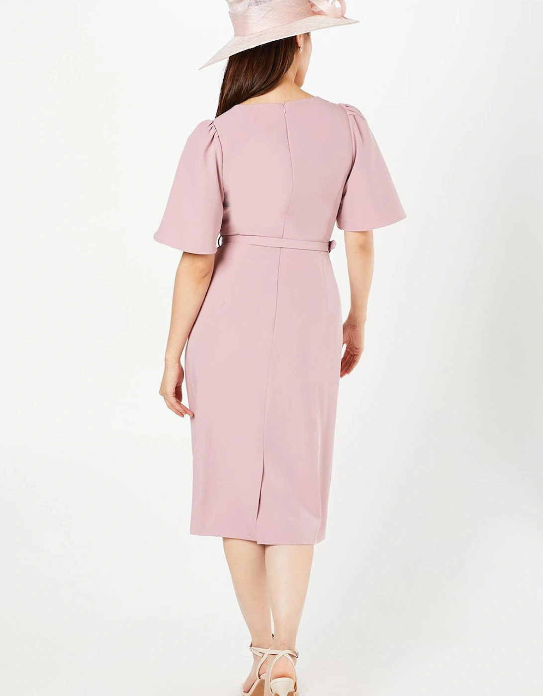 Crepe Square Neck Angel Sleeve Pencil Dress