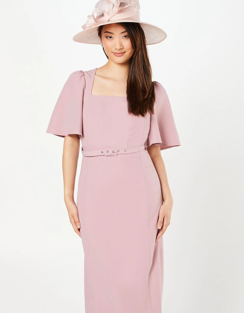 Crepe Square Neck Angel Sleeve Pencil Dress