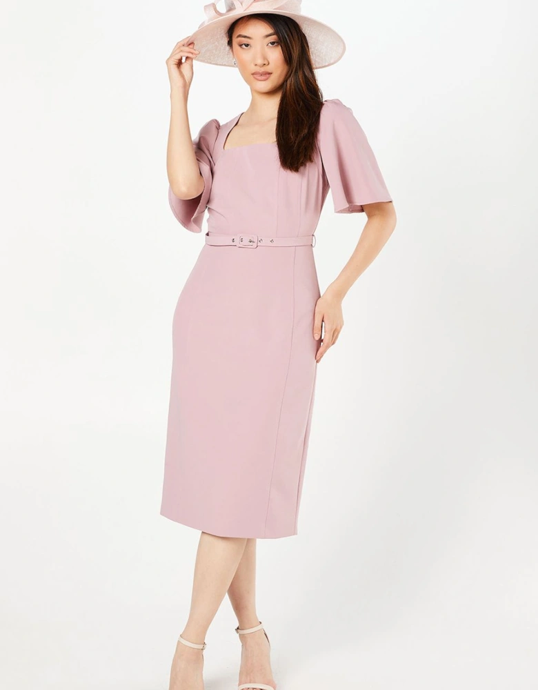 Crepe Square Neck Angel Sleeve Pencil Dress