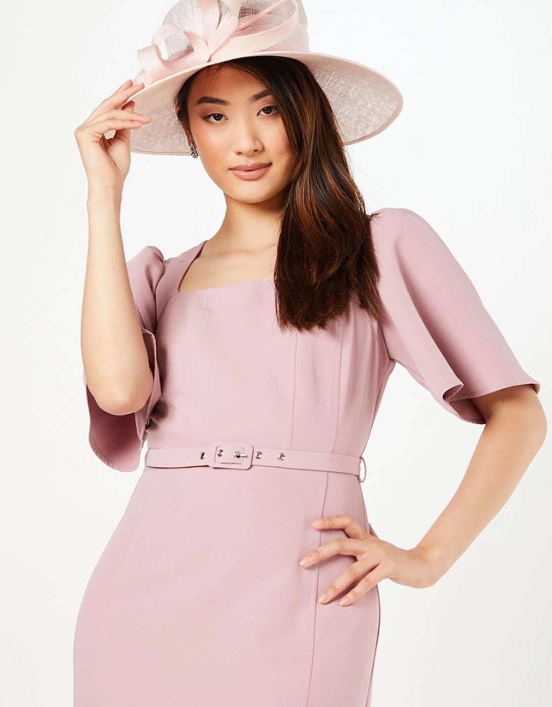 Crepe Square Neck Angel Sleeve Pencil Dress