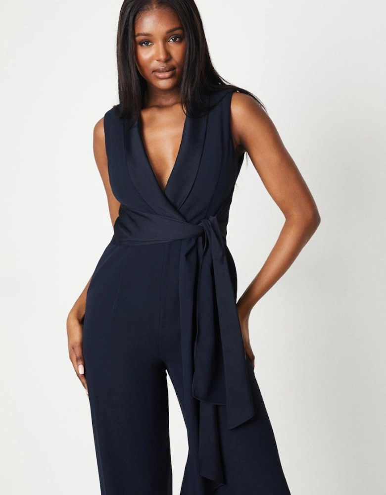 Satin Detail Wrap Bodice Tuxedo Jumpsuit