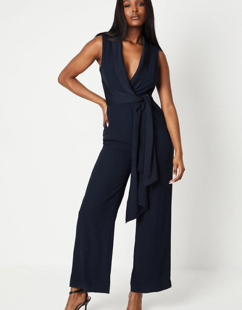 Satin Detail Wrap Bodice Tuxedo Jumpsuit