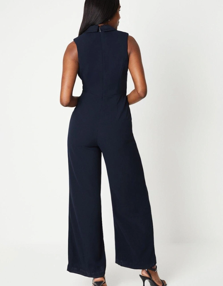 Satin Detail Wrap Bodice Tuxedo Jumpsuit