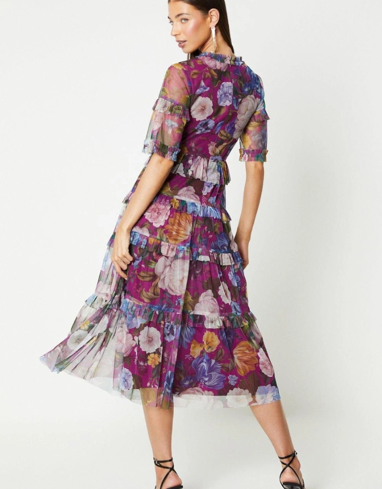 Printed Mesh Ruffle Midi Dress