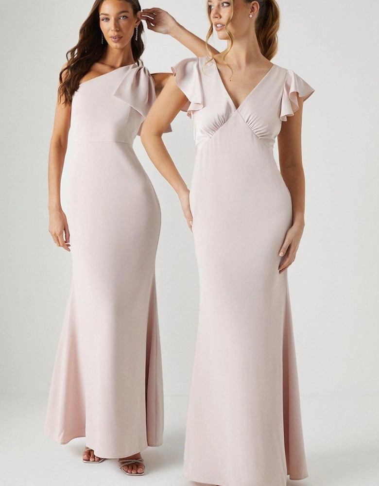 V Neck Angel Sleeve Satin Bridesmaid Dress