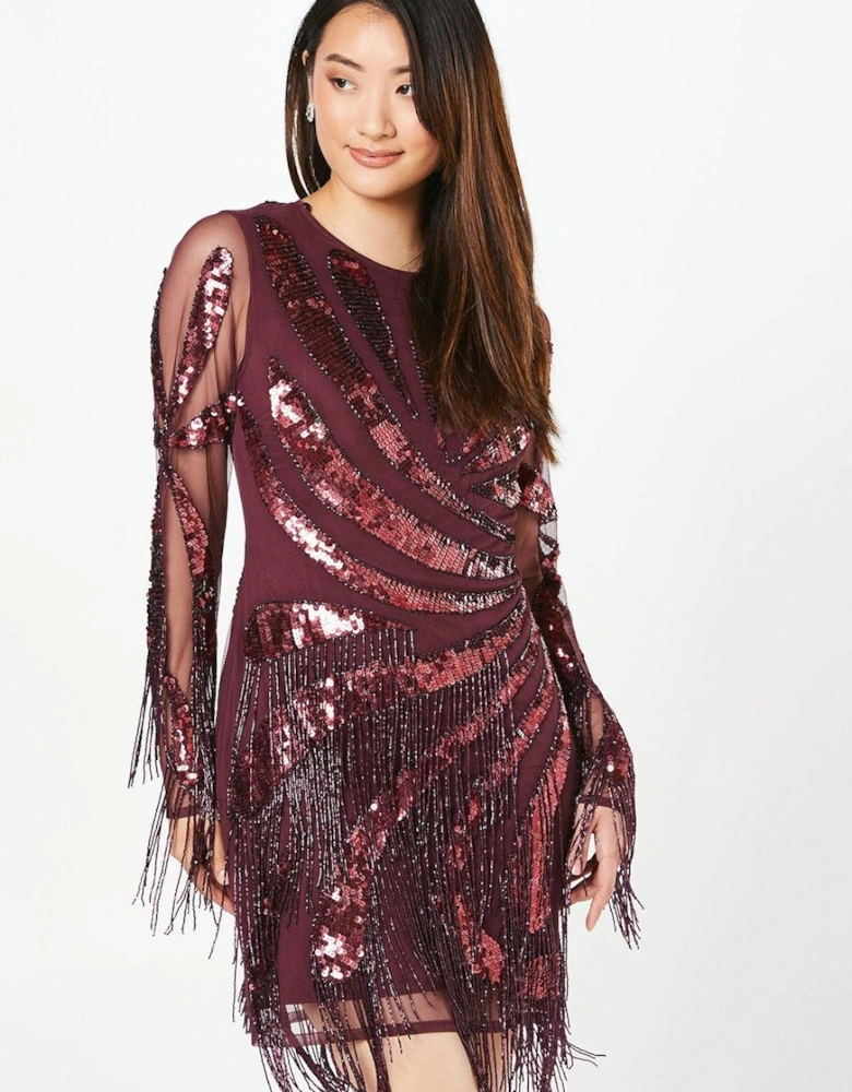 Party Sequin Long Sleeve Fringe Burgundy Mini Dress