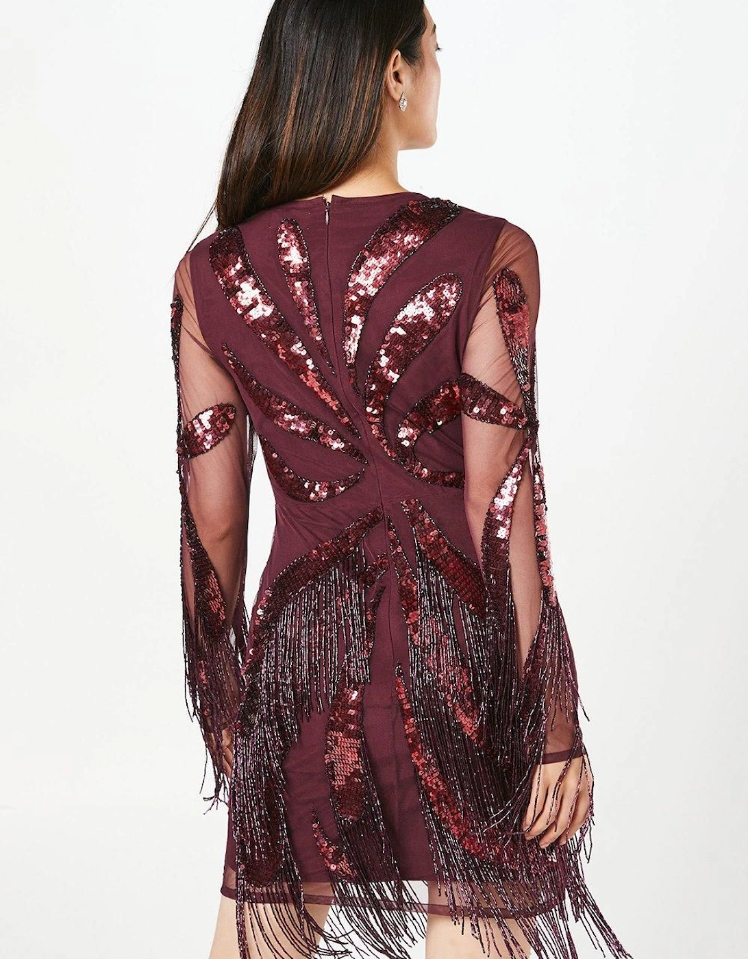 Party Sequin Long Sleeve Fringe Burgundy Mini Dress