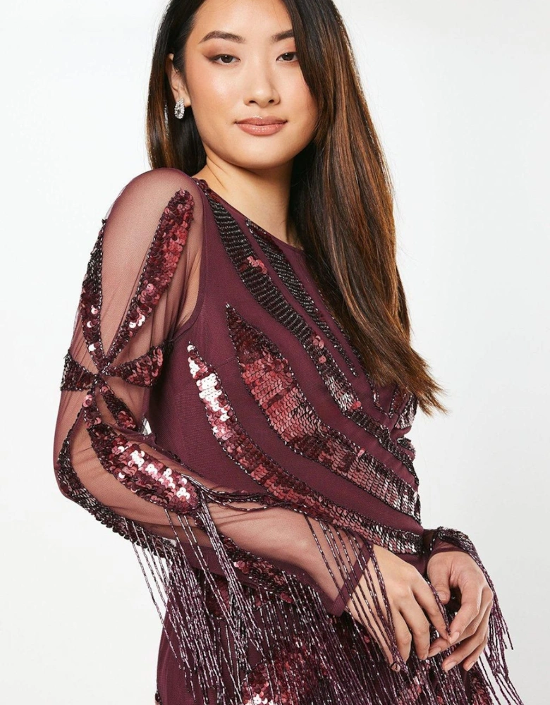 Party Sequin Long Sleeve Fringe Burgundy Mini Dress