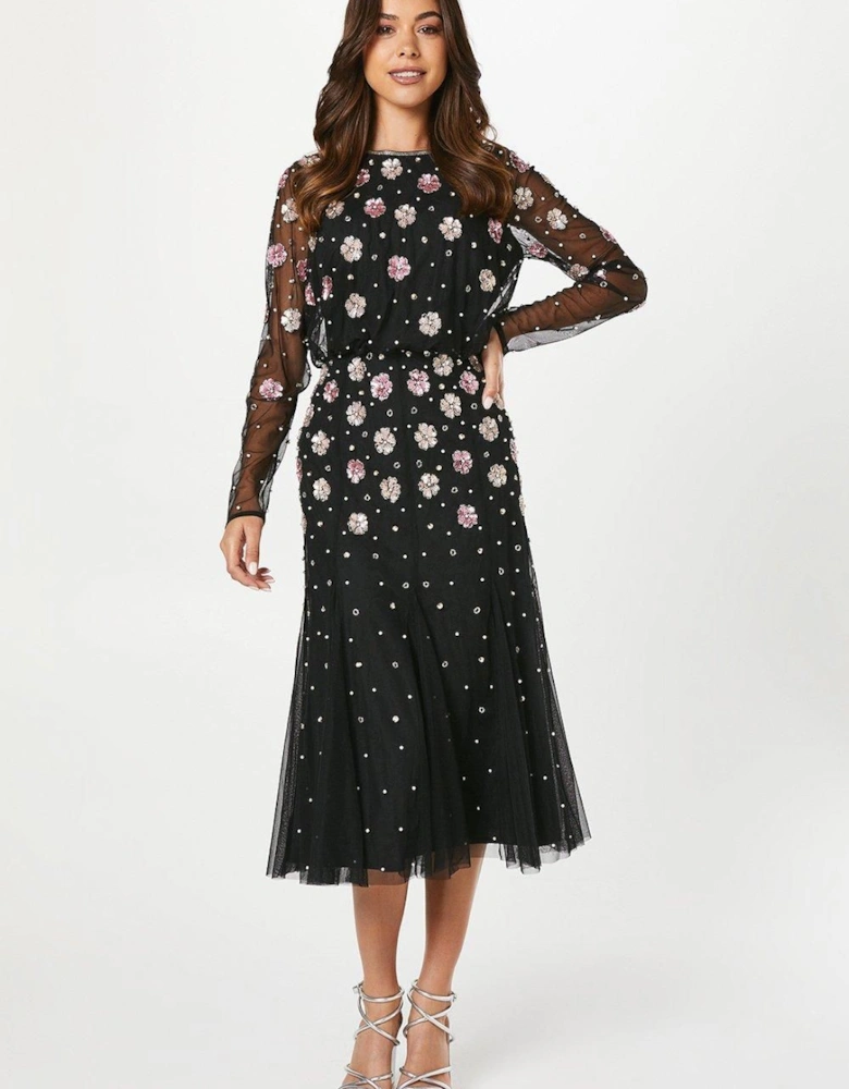 Party Sequin Long Sleeve Floral Midi Dress