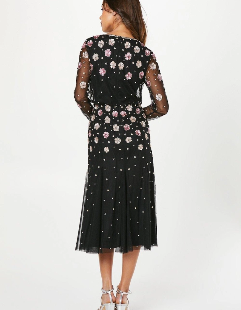 Party Sequin Long Sleeve Floral Midi Dress