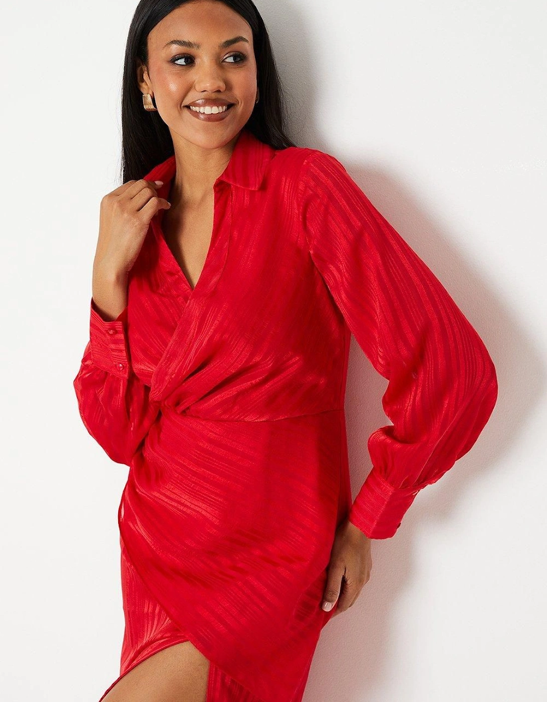 Satin Wrap Front Shirt Dress