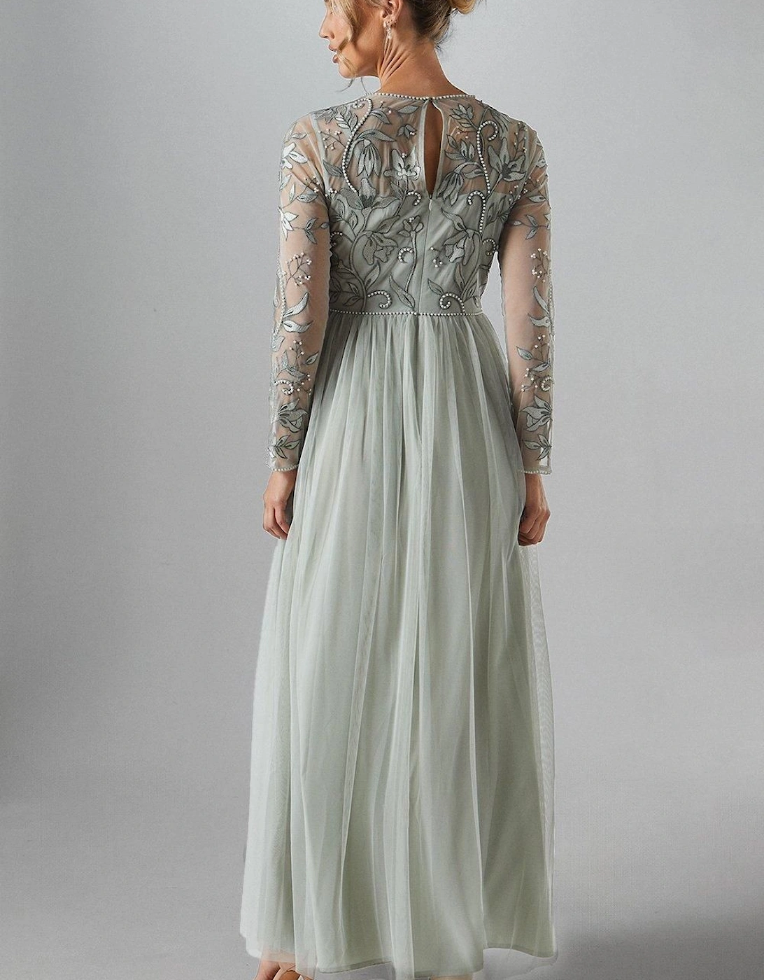 Long Sleeve Winter Floral Tulle Skirt Bridesmaid Maxi Dress